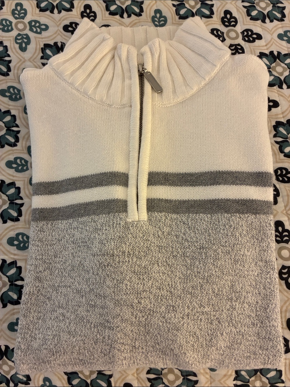 Karen Scott Gray and White Half Zip-Front Striped Knit Sweater, Size XS